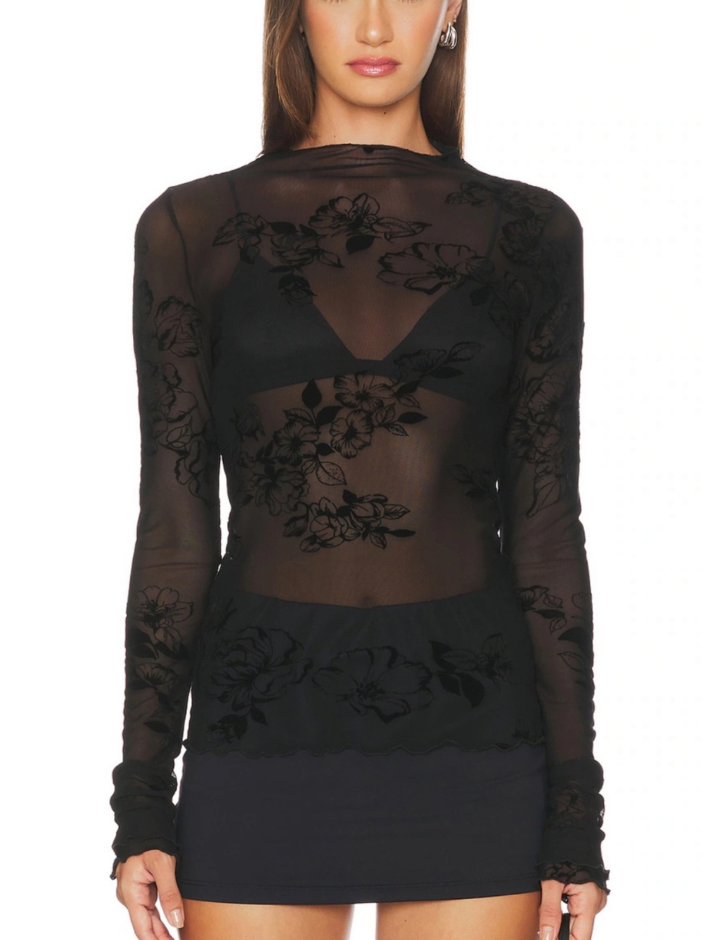Free People Sheer Floral Mesh Long Sleeve Top - Black